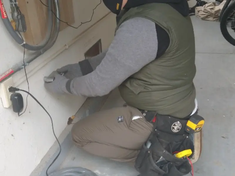 Electrician performing outlet wiring in a Dallas garage